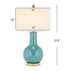 a blue table lamp with a white shade on the base and measurements for each bulb