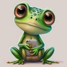 a green frog sitting on top of a cell phone