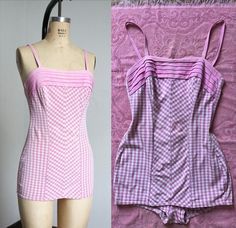 Adorable pink gingham swimsuit from the 1950s. This swimsuit features a solid pink panel at the top then a cute gingham print throughout. Metal zipper up the back.  Label: Kerrybrooke  Measurements: { small - medium } *swimsuits are hard to measure so these are best measurements I can get Bust: 34"-38"  Waist: 28"-32" Hips: 36"-40"  Length: 23" from top of bust straight down to end of crotch Condition: good vintage condition with a few issues to note: if you look closely the top pink panel has a 90s One Piece Swimsuit, 50s Swimsuit Vintage, 50s Bathing Suit, One-piece Gingham Swimwear For Summer, Gingham Bathing Suit, Gingham Tie-side Swimwear For Swimming, Summer Gingham One-piece Swimwear, 50s Swimsuit, Gingham Tie-side Beachwear Swimwear