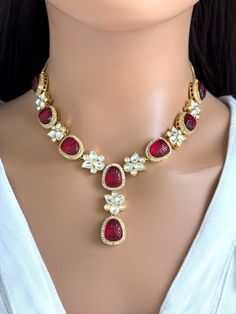 Ruby Fine Kundan Gold plated Victorian necklace, Indian Pakistani wedding jewelry, bridal jewelry, Kundan necklace, Designer necklace Regular size with adjustable chain closure  Necklace Length 16 inches  Earrings Length 1.3 inches Color, shades, texture displayed may slightly vary from the actual product due to digital image limitations. We request you to consider these minor variations. Please expect the possibility of some slight imperfections when buying handmade jewelry.  Please let me know Pakistani Wedding Jewelry, Jewelry Kundan, Victorian Necklace, Necklace Indian, San Ramon, Designer Necklace, Kundan Necklace, Kundan Necklaces, Jewelry Bridal