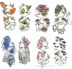 six different drawings of women with flowers and butterflies on their heads