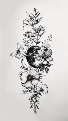 a black and white drawing of flowers with the earth in the center, surrounded by butterflies