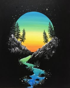 a painting of a river running through a forest under a night sky with stars and the moon