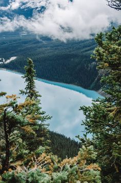 a lake surrounded by trees and clouds in the sky