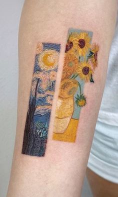 a woman's arm with sunflowers and a vase on the left side