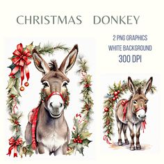 two donkeys with christmas decorations around them and the words christmas donkey on each side