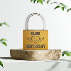 a yellow padlock sitting on top of a wooden block next to a green plant