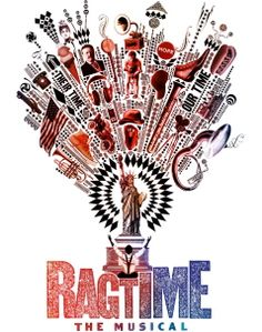 the poster for ragtime musical playbilll, with an image of instruments on it