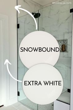 Snowbound paint dot and an extra white paint dot with arrows pointing out where each color is in a bathroom. Snowbound Walls, Sw Snowbound, Small Bathroom Paint Colors, Sherwin Williams Snowbound, Small Bathroom Paint, Painting Trim White, Sherwin Williams White, White Wall Bedroom, Sophisticated Bathroom