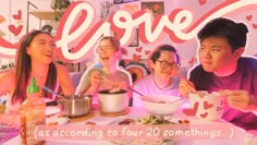 four people sitting at a table with bowls and spoons in front of the camera