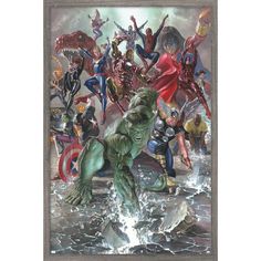 an image of the avengers and other superheros in water with their arms out to each other