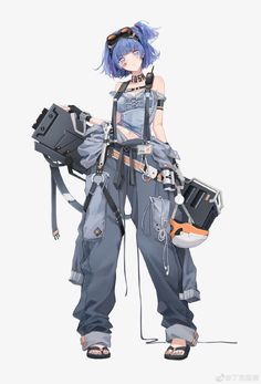 an anime character with blue hair and glasses holding a tool belt in one hand while standing next to another