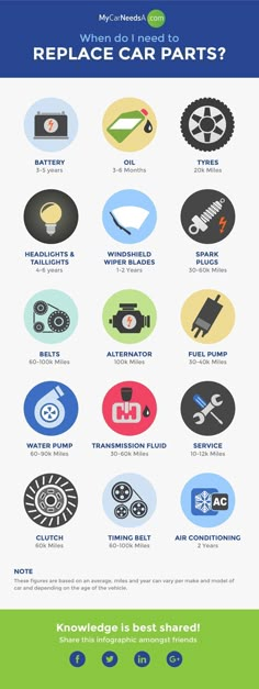 an info sheet with different types of car parts and their names in blue, green, white