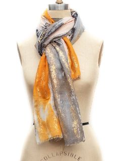 Color: Gray/black/orange/metallic gold/white color combo Abstract Print Can be worn as a shawl, wrap or scarf Fabric: 100% Polyester Measurement: 34"W x 72"L Wash Instructions: Hand wash or Dry clean Bohemian Gold Shawl Scarves, Yellow Bohemian Silk Shawl Scarf, Elegant Multicolor Silk Scarf With Abstract Print, Multicolor Silk Scarf With Abstract Print, Yellow One-size Shawl Scarves, Scarf Sale, Just Style, Chunky Beads, Shawl Wrap