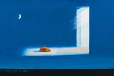 a painting of a cat sleeping on a window sill with the moon in the background