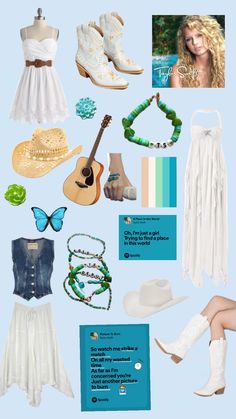 a collage of clothes and accessories including boots, hats, bracelets, necklaces