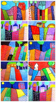 four different pictures of colorful cityscapes with trees and buildings on them, one in the