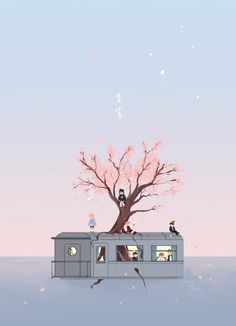 people are sitting on the roof of a mobile home next to a cherry blossom tree