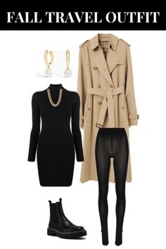 a woman in black dress and trench coat with text that reads fall travel outfit for women