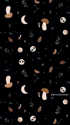 a black background with mushrooms, leaves and stars in the night sky for wallpaper