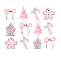 pink christmas cookies and candies are arranged in the shape of trees, candy canes, and gingerbreads