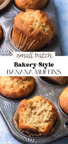 small batch of banana muffins in a muffin tin with text overlay