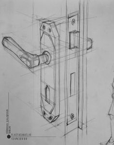 a drawing of a door handle with a woman standing next to it in front of the door