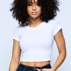 Stretchy Cotton Blend Crop Top Basic White Crop Top For Everyday, Simple White Crew Neck Crop Top, Simple White Crop Top For Summer, Simple White Cotton Crop Top, Simple Fitted White Crop Top, Basic White Crop Top, Maroon Crop Top, Heart Tank Top, Bell Sleeve Crop Top