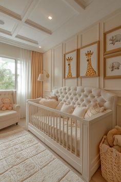 a baby's room with a white crib and pictures on the wall