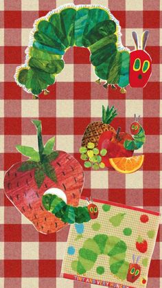 the very hungry caterpillar and other food items on a checkered tablecloth