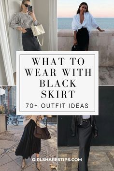 Black Plated Skirt Outfit Summer, Black Aline Skirt Outfit Winter, How To Style A Long Black Silk Skirt, Styling Black Pleated Midi Skirt, Midi Black Silk Skirt Outfit, Casual Black Silk Skirt Outfit, High Waisted Black Skirt Outfit, Styling Long Black Denim Skirt, How To Style Black Silk Midi Skirt