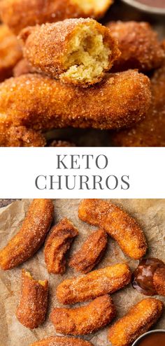 some fried food and dipping sauces on a table with the words keto churros