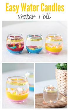 three different types of candles with text overlay that says easy water candles water + oil