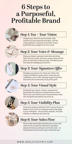 the 6 steps to a purposeful, portable brand info sheet is shown in this image