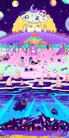 an image of a cartoon scene with cats on the beach and people swimming in the water