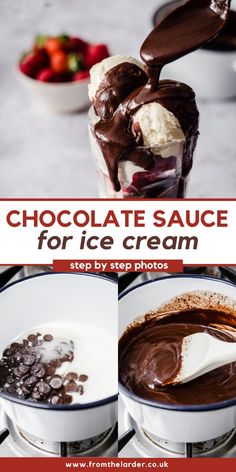 chocolate sauce for ice cream is being drizzled on top of the bowl