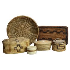 Five Antique Miscellaneous Southwest Native American Woven Reed Items c1920 Basket with top - 3 3/4" x 4 1/4" x 4 1/4" Bread basket - 9" x 5 3/4" x 4 1/2" Basket - 2 1/4" x 3 1/4" x 3" Leaf Basket - 2 3/4" x 6 1/8" x 4 1/4" Low Basket - 10 1/4" x 2 1/2" x 10 1/4" Leaf Basket, Bread Basket, Basket Decoration, Decorative Objects, Nativity, Bowl, 10 Things