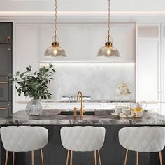 a kitchen with marble counter tops and stools in front of an island that has three lights hanging over it