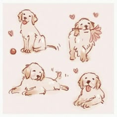 four drawings of dogs with hearts in the background