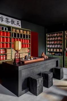 a room with several shelves and stools in it