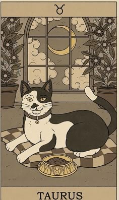 a black and white cat sitting on top of a tarot card with the zodiac sign taurus