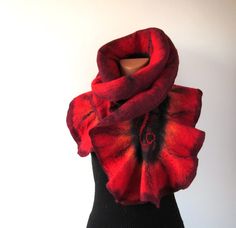 Felted scarf   ruffle collar  Red and Black   gift under 75. $69.00, via Etsy. 2022 Scarf, Felted Mittens, Red Vampire, Womens Fasion, Ruffle Scarf, Felted Scarf, Crochet Weaves, Wool Winter, Felted Scarves