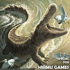 an image of a large alligator in the water with birds around it and text that reads special for himu games