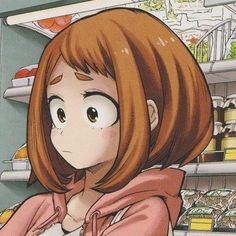 an anime character is standing in front of a refrigerator with food on the shelves behind her