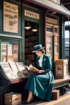 a woman sitting on a bench reading a book in front of a train station window