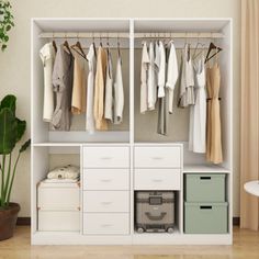 an open closet with clothes hanging on the rails and drawers, next to a potted plant