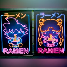 two neon signs that say ramen and one has an image of a cat on it