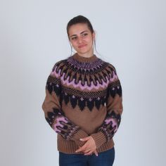 "Warm and soft winter sweater inspired by the movie Don't Look Up. Completely hand knit in a beautiful Icelandic pattern. Composition - 50% wool, 5% mohair wool, 45% acryl. ♡ Sizing ♡ You can find a size chart in the listing images. Alternatively, you can choose the \"Custom\" size if you want me to knit the item according to your measurements. The model in the images wears size M and has the following measurements: * height - 177 cm / 5 feet 10 inches * bust - 92 cm / 36 inches * hips - 96 cm / Nordic Fair Isle Pattern Sweater For Cold Weather, Nordic Fair Isle Sweater For Cold Weather, Cozy Turtleneck Sweater With Fair Isle Pattern, Nordic Turtleneck Sweater With Fair Isle Pattern, Nordic Brown Jacquard Knit Sweater, Hand Knitted Brown Winter Knitting Pattern, Brown Nordic Jacquard Knit Sweater, Nordic Fair Isle Knitting Pattern For Fall, Fair Isle Nordic Knitting Pattern For Fall