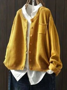 Crew Neck H-Line Long Sleeve Sweater Mode Kimono, Crisp White Shirt, Yellow Sweater, Loose Sweater, Half Sleeves, Long Sleeve Sweater, Knit Cardigan, Sweater Outfits, Style Me