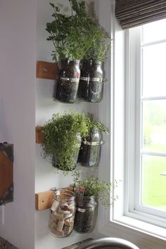 several jars with plants in them are hanging on the wall next to an open window